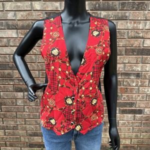 Vintage‎ Style My Way Vest Womens Size Medium Red Gold Plaid Button Up Buckle